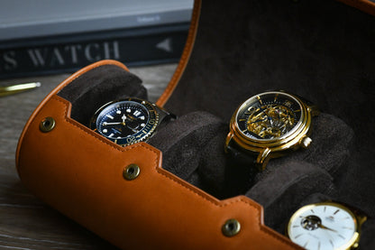 Tawny bruin rundlederen horlogerol - 3 horloges