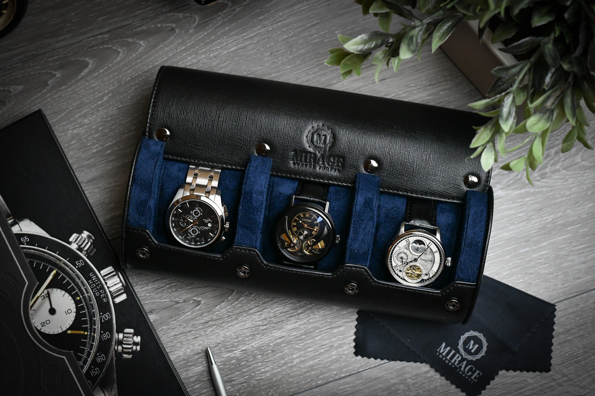 Trio Travel Watch Roll - Luxury Navy Blue Saffiano Leather - Momento